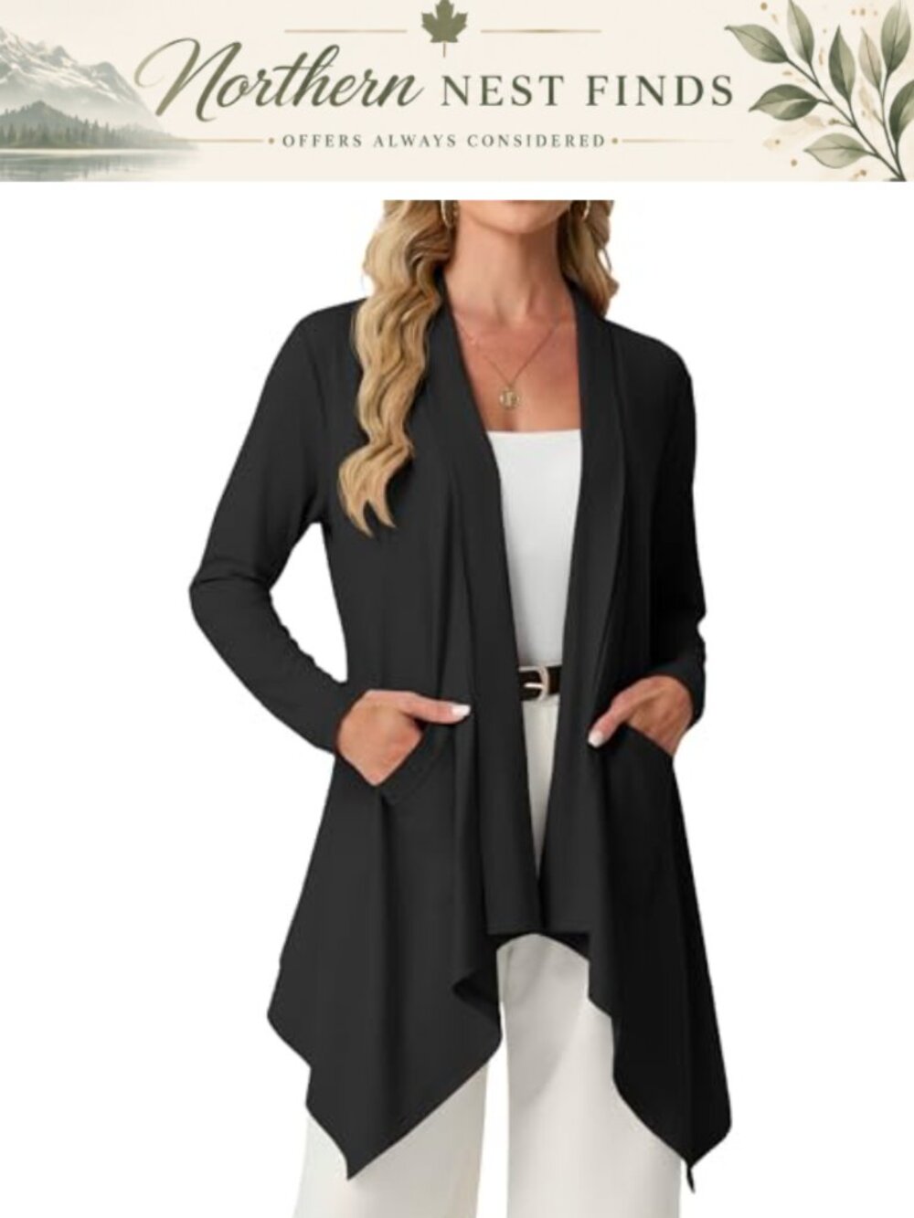 Lightweight Open Front Cardigan Long Sleeve High Low Hem Knit with Pockets